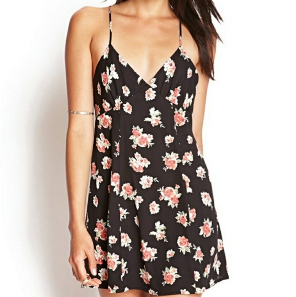 Women's black floral mini skater dress.